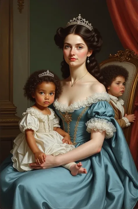 French women with brown dark curly hair and blue eyes with wearing a 1700 revolutionary style light blue royal gown wearing a tiara sitting down and holding a baby girl with dark brown curls, mixed brown skin with blue eyes and a toddler boy with dark brow...