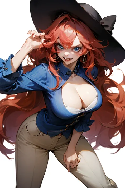 Mereoleona 、grin、bangs、long hair,  cowlick at the top of the head 、Big Breasts ,cleavage 、blue eyes, Thighs、look at me, get angry ,Anatomically Correct ,she haves fang ,Line of sight, shirt,pants, a soft hat