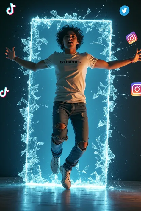  Masterpiece.  Ultra realitic image , hdr +  a young Indonesian man with curly hair a little messy ,  in cream t-shirt with the inscription  "no names ",  wears ripped jeans with casual shoes ,  he jumps out from behind the hp screen dramatically in style ...