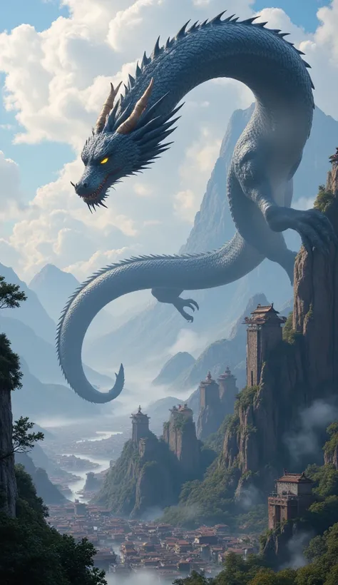 ((masterpiece,  top quality,  Highest image quality  ,  high resolution when surfing, Realistic,  original photo,  extremely detailed unified CG 8K wallpaper )),  Chinese mythology ， Outside the city wall ，  a black Chinese dragon，Fly to the sky ， glowing ...