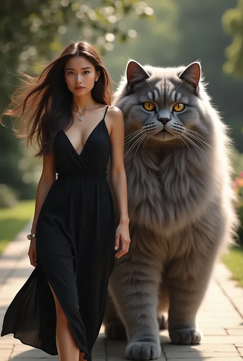 A stunningly haired beautiful woman wearing a casual black dress is walking side by side along with a giant ash persian cat