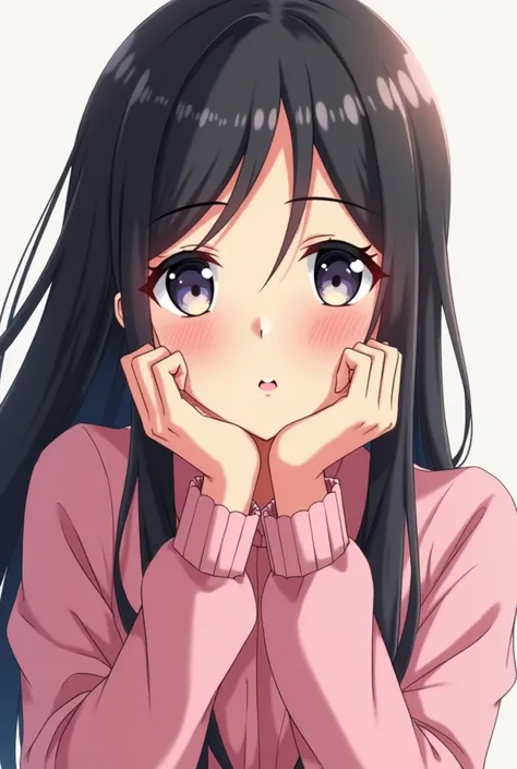  An anime girl with long black hair and a pink shirt and hands on her chin, Beautiful anime illustration in Shinkai Makoto style ,  Pixie Trending ,  what is it ?,  Animated visual of a cute girl , soft animation cg art, long hair anime girl,  tempting ani...