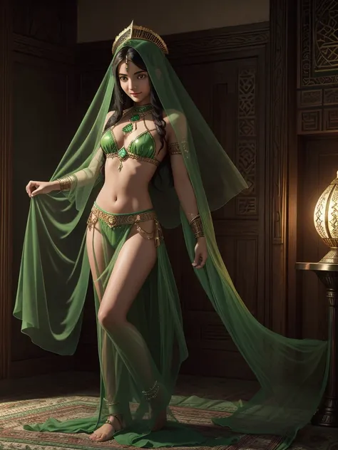 1 teenage girl. Beautiful arabian teenage girl. . Beautiful arabian shaman girl. Light brown skin. Powerful shaman. Black hair. Green sexy transparent arabian shaman suit no pants. No bra. No underwear. Naked. Green transparent veil. Flat chest. Green emer...