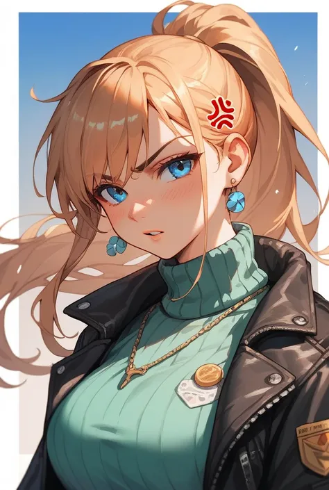 1girl, solo, long_hair, blush, looking_at_viewer, bangs, blue_eyes, brown_hair, simple_background, eyebrows_visible_through_hair, original, jewelry, jacket, ponytail, upper_body, earrings, parted_lips, sweater, black_jacket, turtleneck, facial_mark, anger_...