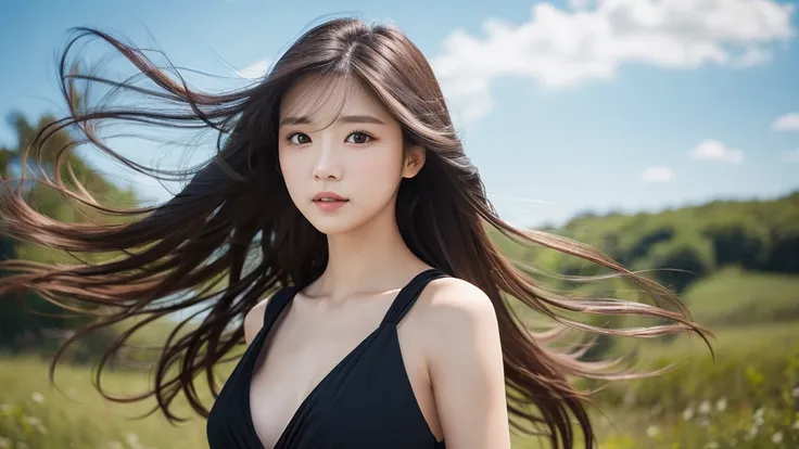  A woman stands sideways in response to the wind 、 straight long hair below shoulders catches wind」Natural black 、 natural light hair masterpiece 、4K resolution、 super detailed。