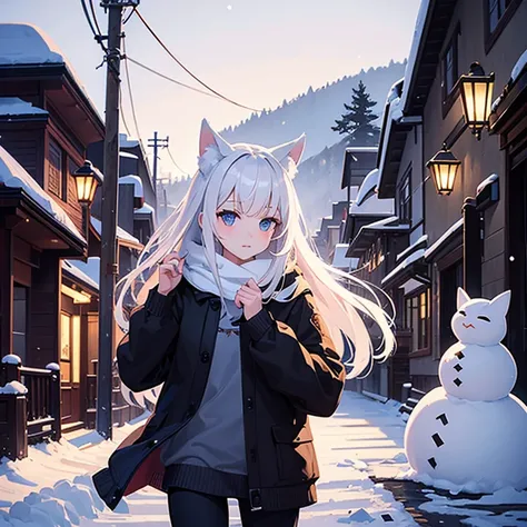 beautiful fox girl, high textures, scenery, masterpiece, best quality, town, night time, white hair, season, snow, snowman