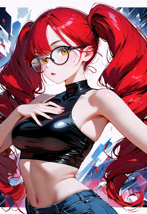 (masterpiece, best quality:1.2), 1 girl, solo, voluminous red hair, twin tails hairstyle, white frame glasses, eyeliner, tight sleeveless turtleneck crop top, tight around chest, jeans, detailed beautiful eyes, detailed beautiful mouth, sneakers, glistenin...