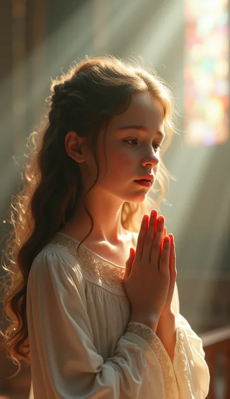 Cinematic Photo at night:1.3, Realistic:1.3, Cosy:1.3, a beautiful young girl with intricate light brown hair, feeling sad while praying, her hands elegantly clasped in a gentle prayer position, hands raised in worship. Tears glisten on her cheeks, with hi...