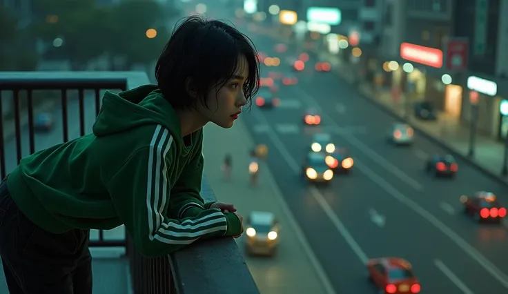 A beautiful Japanese girl in a green Adidas tracksuit, loose black pants and short wavy hair is leaning on a balcony railing and looking from above. Below the balcony there are cars and motorbikes. Top and front view at night