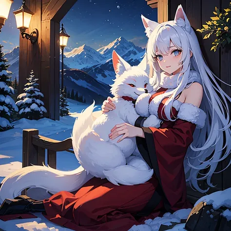 beautiful fox girl, high textures, scenery, masterpiece, best quality, mountain, night time, white hair, season, snow, snowman
