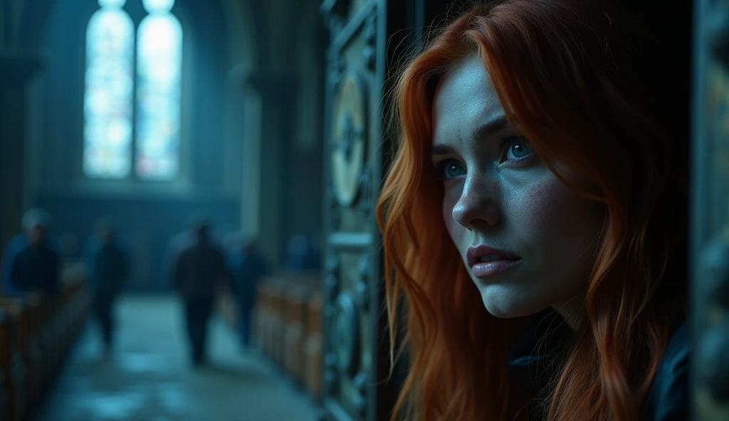 inside of gothic church, close up of a strong red hair woman  survivor face hiding looking out of a door  in the church in her face you see she is nervous but ready for a fight,  spires cracked and partially collapsed.  a sinister glow emanates from within...