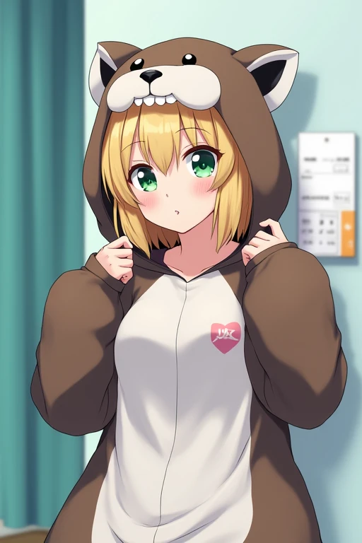  1 girl, smaller breasts,Light green eyes, bob hair,Dark blonde, show the inside of the mouth ,Hospital room, bets before live, Oversized Kigurumi Pajamas,Raccoon Kigurumi Pajamas ,Stick your tongue out