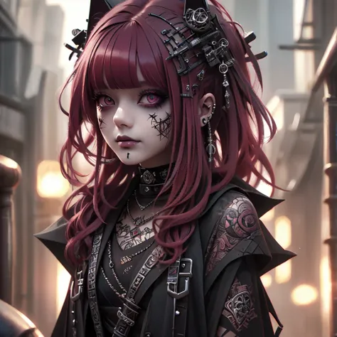 great rendered, 8k, masterpiece,  ultra quality, Beauty: 1.2,  PROFESSIONAL ILLUSTRATION : 1.1,  super detailed: 1.3, Ultra-bright,  very detailed with crimson hair, (Dark light detail)  1 girl, Goth_punk
