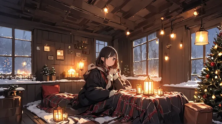 Inside a warm house, a dark-haired girl sits in a chair in front of a fireplace drinking coffee in a terrace room with warm lighting.
There is a Christmas tree in the room and Christmas decorations on the walls and other parts of the house.
A large window ...