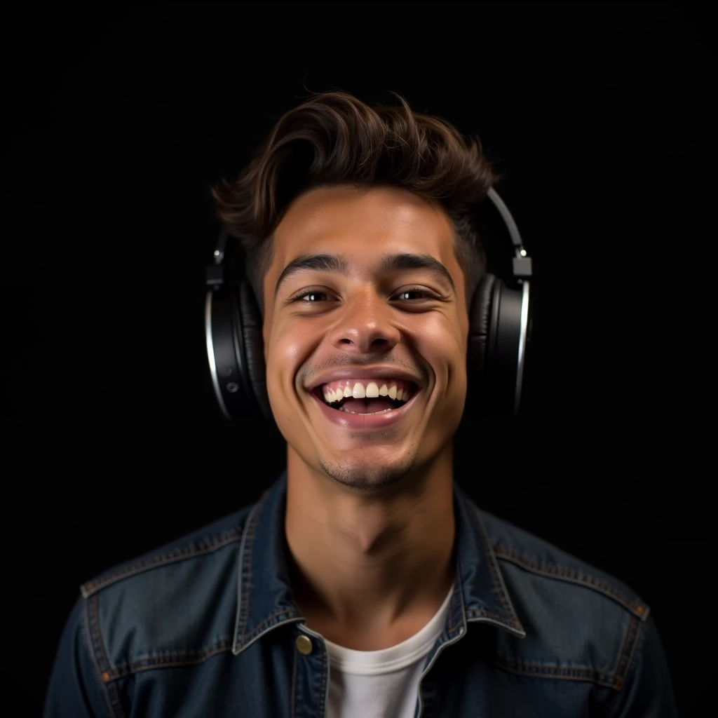 Young musician with headphone, happy listening to music, studio shot, black background