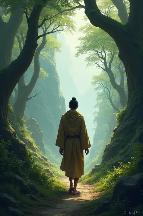 Ascetic Siddhartha passing a terrain of Forest and wilderness 