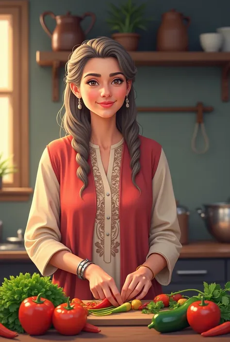 Generate a logo about my channel which is about a Pakistani wifes life. Generate a pic of woman in her kitchen cutting vegetables with a tiktok symbol and other also write "wifes life"