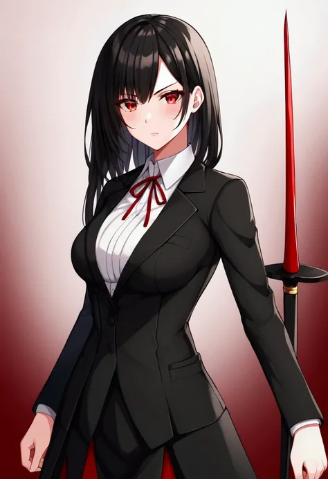 Woman with a serious look, red eyes, black hair wears a black suit and a sword 