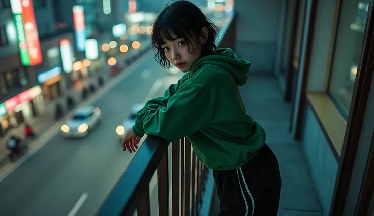 A beautiful Japanese girl in a green Adidas tracksuit, loose black pants and short wavy hair is leaning on a balcony railing and looking from above. Below the balcony there are cars and motorbikes. Top and front view at night