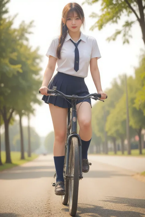 Masterpiece, 8k, Photorealistic, Wallpaper, top-quality, Beautiful Japanese High school girl, Photorealistic, (Plump breast:1.3), Dynamic angle,
school uniform, Plade Pleated mini skirt, Dark Blue socks, Lofer, Straddling a bicycle, legs spread apart, toe...
