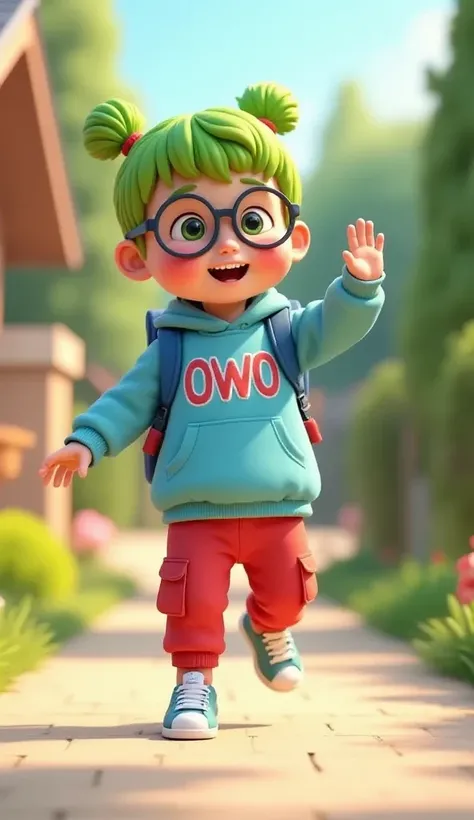 
A cheerful and lively outdoor scene in the front yard of a house with soft pastel tones. Owo, a cute and nerdy boy, is waving his hand with joy and excitement while wearing big round glasses. His outfit consists of bright red long cargo pants, a vibrant b...