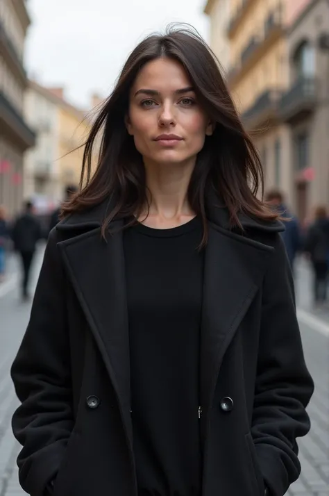  Creates an image of a 40-year-old woman who emerges from narcissistic abuse full body image wearing current clothes in a European city: madrid, with a temperature of 0 degrees . without hat.  With dark brown hair.  brown eyes. Sweet features face . should...