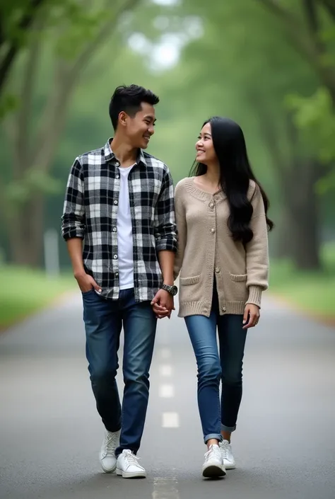  Romantic Indonesian lovers .  Handsome Indonesian man with short hair ,  wearing black and white checkered shirts , jeans,  white comvoser shoes ,  walking with a long black-haired Sundanese woman ,  wearing sweet knitwear , elegant color ,  meraka walkin...