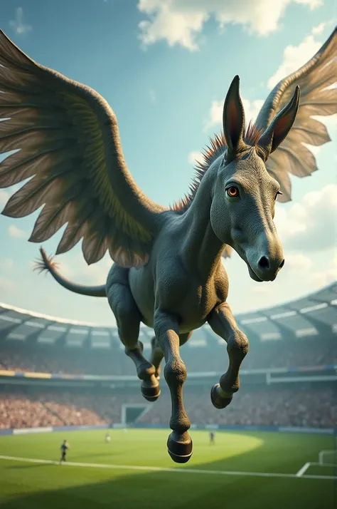  A giant donkey has wings with Messi and Ronaldo flying over a football field with alligator legs and a dogs face