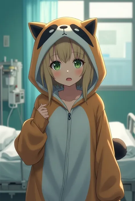  1 girl, smaller breasts,Light green eyes, bob hair,Dark blonde, show the inside of the mouth ,Hospital room, bets before live, Oversized Kigurumi Pajamas,Raccoon Kigurumi Pajamas ,