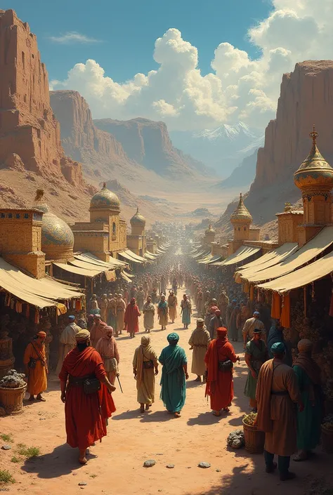 Paintings depicting trade routes and market depictions of the Great Silk Road.