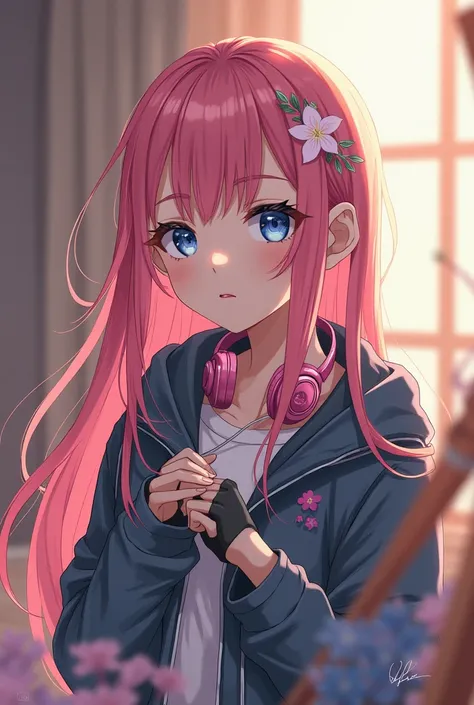 Anime-style girl with long pink hair, a flower accessory, and blue eyes, wearing a casual outfit with a jacket, fingerless gloves, and headphones. She holds a paintbrush, suggesting an artistic theme. Background features soft lighting and a cozy, creative ...