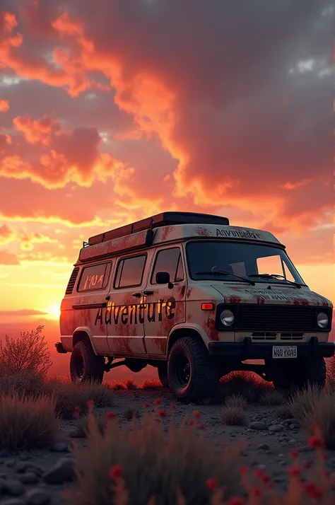 A van , with a sunset.  Écrit en gros sur le van : " ADVENTURE" 
