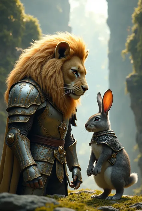 Create an ultra realistic image of a lion next to a rabbit, both wearing medieval armor. 