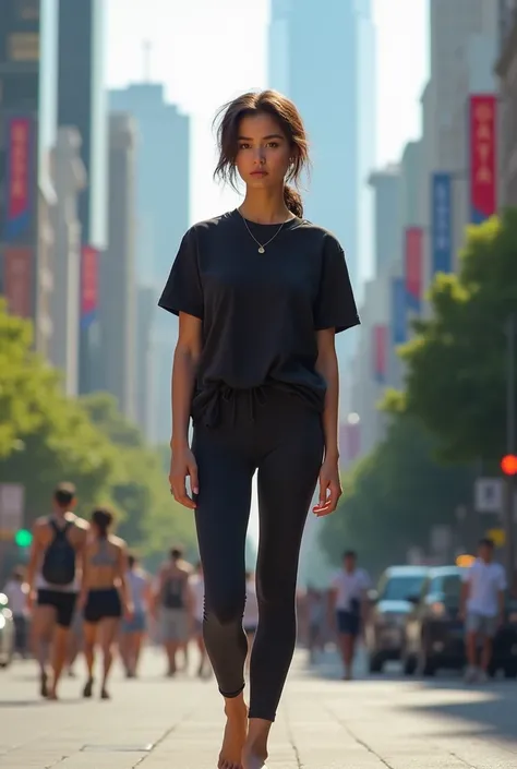 Young woman black t-shirt leggings barefoot in city 