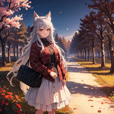 beautiful fox girl, high textures, scenery, masterpiece, best quality, grey hair, season, autumn, cherry tree
