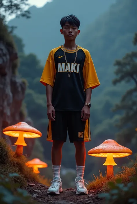 the picture is realistic and real person. a brown skin Filipino man with a height of 56. and has black hair wearing a black and yellow Jersey oversized with a name logo (MAKI) written on the front of the dress. and wearing oversized shorts and white Nike s...