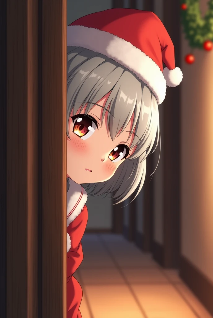 Older Anime Girl peeking around the corner wearing santa hat, silver hair