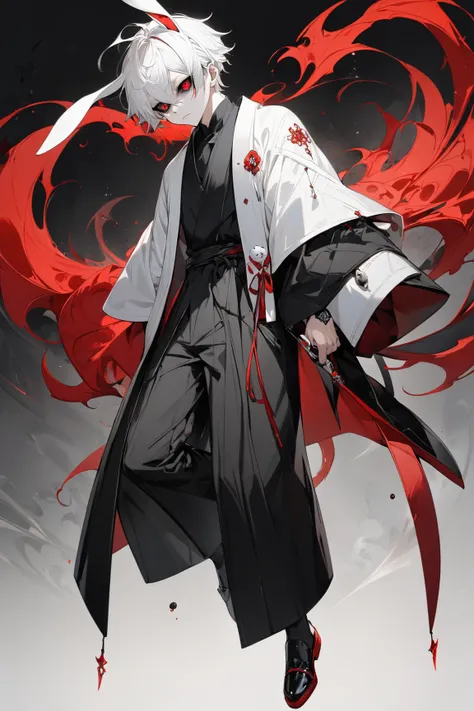  best quality  ,  white hair  , male ,  short hair , black sclera , Rabbit ears, Red eyes  ,  full body ,  black haori 