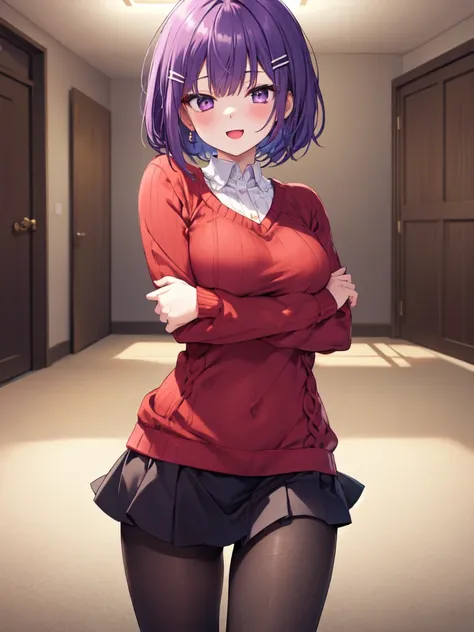  1 girl, solo, Purple Hair,  bob hair, Beautiful breasts, medium chest ,Red knitted sweater, black miniskirt,tights, hair clip,Slanted Eyes, Light purple eyes, Wink, open your mouth slightly, Bullish face,happiness/joy,  standing with different breasts , C...