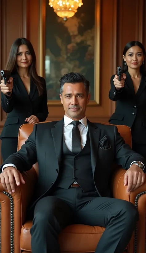 A gentlemanly and handsome man with a very kind smile, dressed in a stylish suit, sitting on a sofa in a luxurious and beautiful reception room of a mansion, with Indonesian woman bodyguards standing on either side of him with pistols, the pistols pointed ...