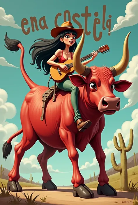 Generate an ox rib with arms legs long black hair with a hat and a sernatejo singer on top of your head,  red lipstick on the lips , ears, eyes, With the clothes of a country singer ,  she is playing singing and playing the guitar at the show ,  in the bac...