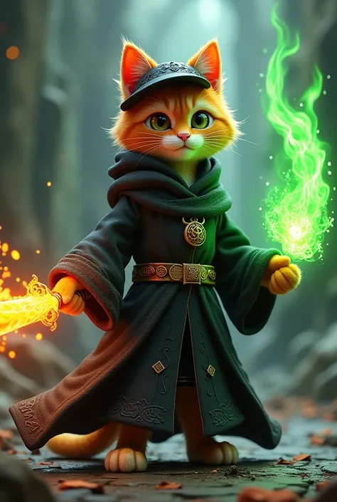 an orange cat wearing a black cap robe holding a large fire beam sword in his left hand and holding a green flame in his right hand. Donghua 3D animation