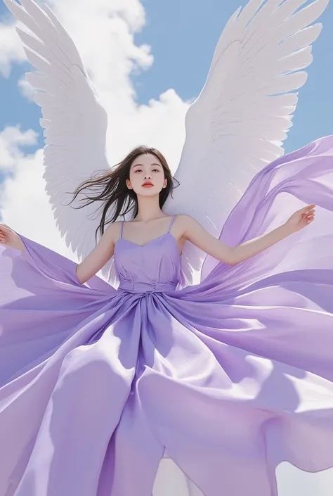  fantasy element series CG illustration style illustration。Gentle Taiwanese Sister，  long hair flowing with gorgeous purple skirt  ， huge wings ，Elegant cherry blossom forest background 