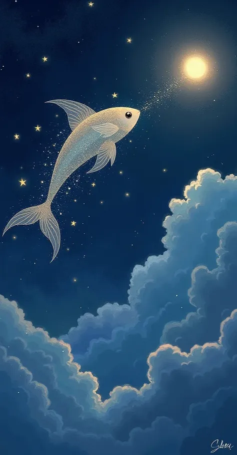 A fish-like creature, depicted as a constellation of small, bright stars, is soaring through a dark blue night sky.  The creatures form is outlined by scattered, glittering points of light, resembling stardust.  Its positioned in the mid-vertical frame, ri...