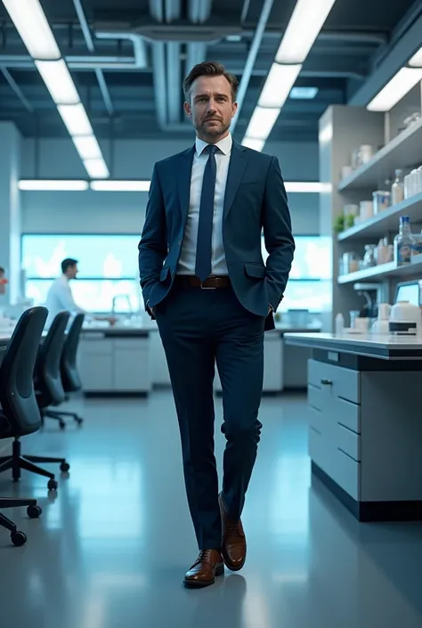 A charismatic man in a business suit stands in a futuristic laboratory. Jean Christophe Tellier – CEO UCB