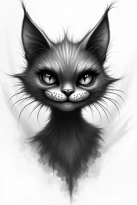 Cheshire cat tattoo sketch with an ominous smile , the cat should be crazy but at the same time remain normal for others , , the look should be as if emphasizing that he is reading you and seeing through you
