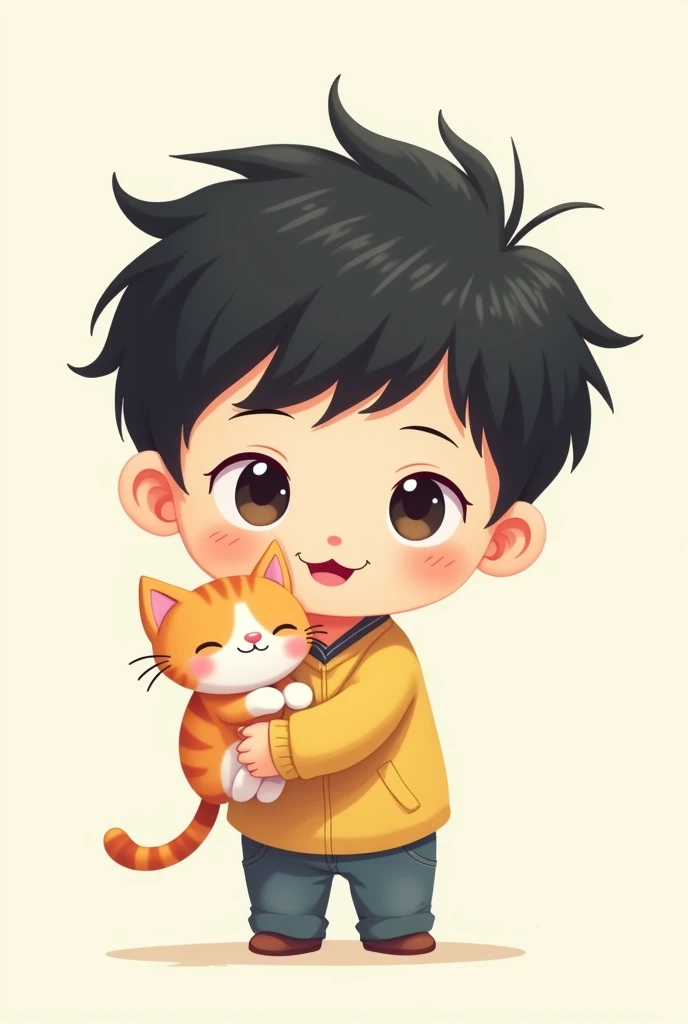 a cartoonish simplistic chibi drawing with light colour of a boy with black hair and a cat on him with like “flamingo’s” youtube channel profile picture