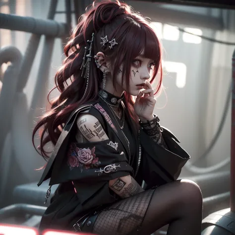 great rendered, 8k, masterpiece,  ultra quality, Beauty: 1.2,  PROFESSIONAL ILLUSTRATION : 1.1,  super detailed: 1.3, Ultra-bright,  very detailed with crimson hair, (Dark light detail)  1 girl, Goth_punk
