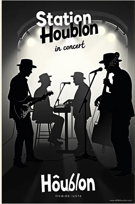 Une  affiche de concert pour une groupe de 4 musiciens, un guitariste, un chanteur, un pianiste et un bassiste avec un chapeau. Laffiche sera en noir et blanc facilement imprimable avec le nom du groupe STATION HOUBLON en haut de laffiche avec la mention e...