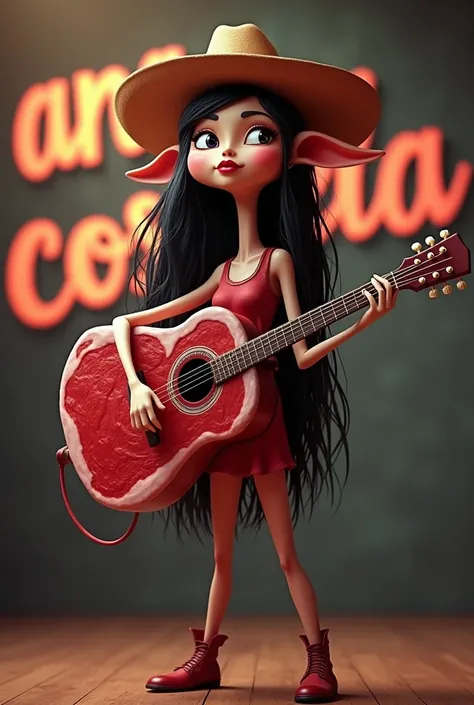 Generate a human-shaped beef rib with arms legs long black hair with a sernatejo singers hat on top of her head,  red lipstick on the lips , ears, eyes, With the clothes of a country singer ,  she is playing singing and playing the guitar at the show ,  in...